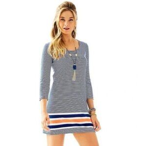 Lilly Pulitzer Striped Cotton Dress Blue White With Pink & Orange Accents 3/4 Sl